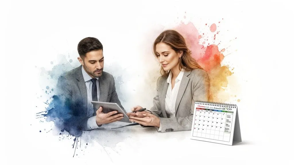Two professionals discussing and planning activities on a tablet with a calendar in the background.