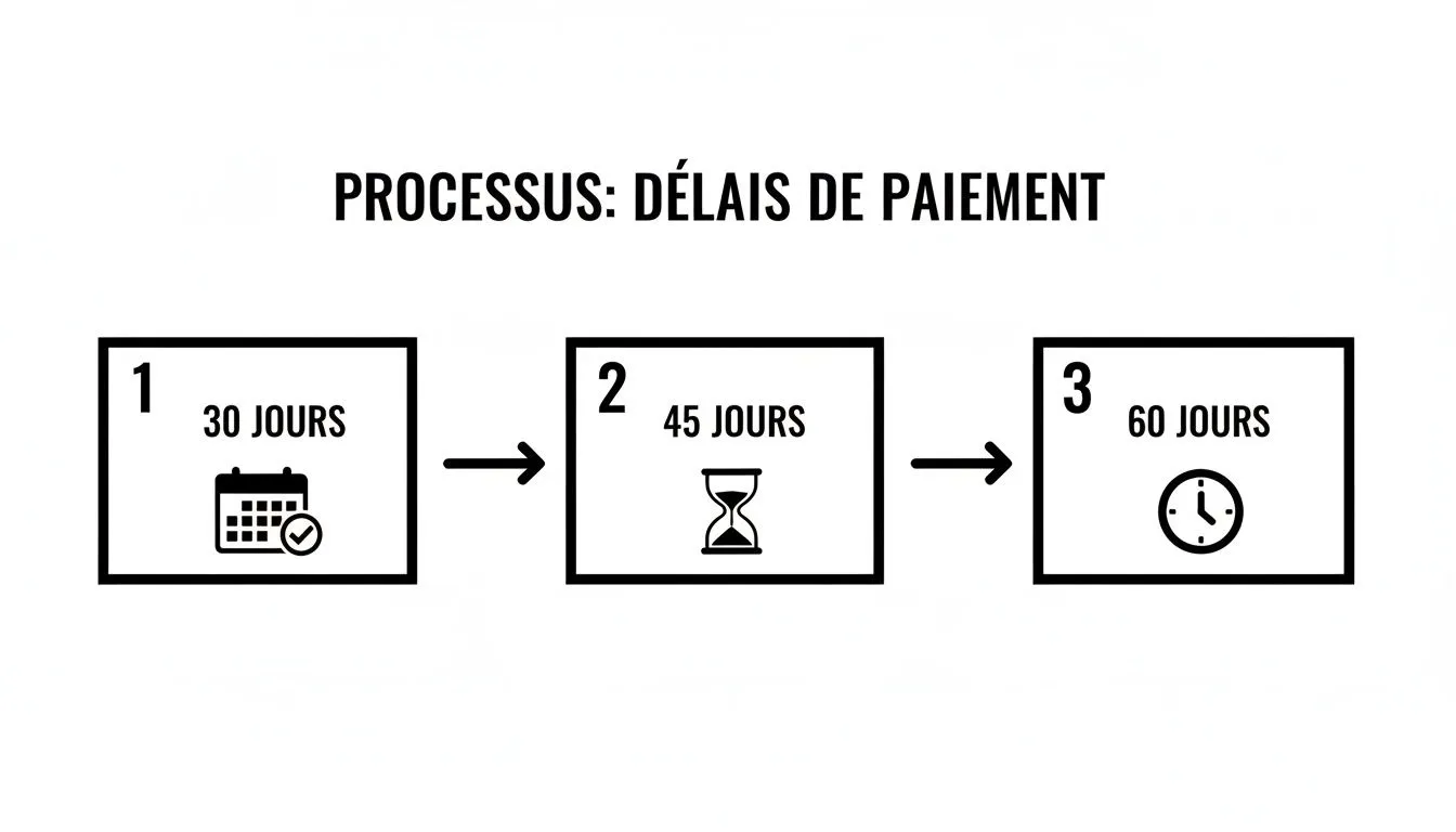 Infographic of the three-step payment terms process, illustrated with calendar and clock icons.