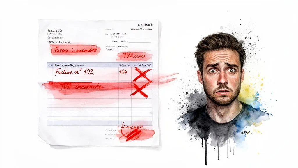 A panicked man in front of an invoice with numbering and VAT errors underlined in red.