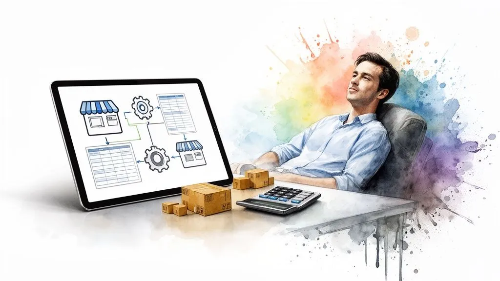A serene man contemplates a business management system displayed on a digital tablet with packages and a calculator.