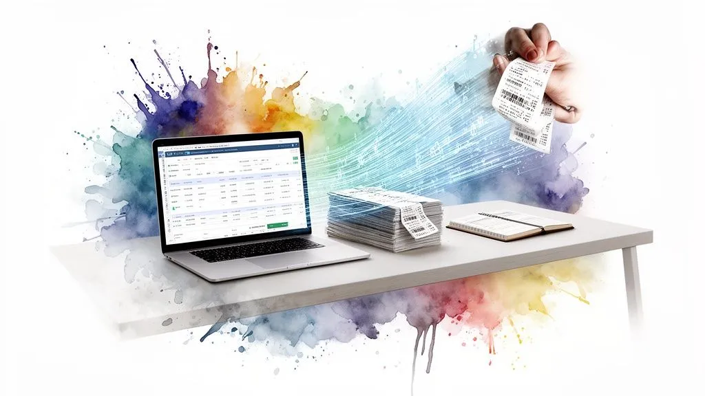 A laptop, receipts, a notebook, and a hand scanning documents, on an abstract colorful background.
