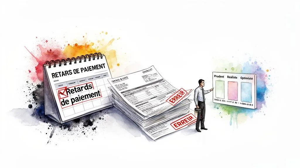 Illustration of a calendar of late payments, incorrect invoices, and financial management options.