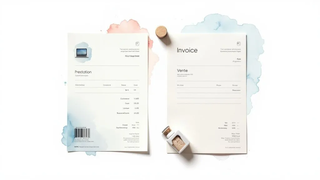 Two invoice examples side by side, one for a service and one for a product sale.