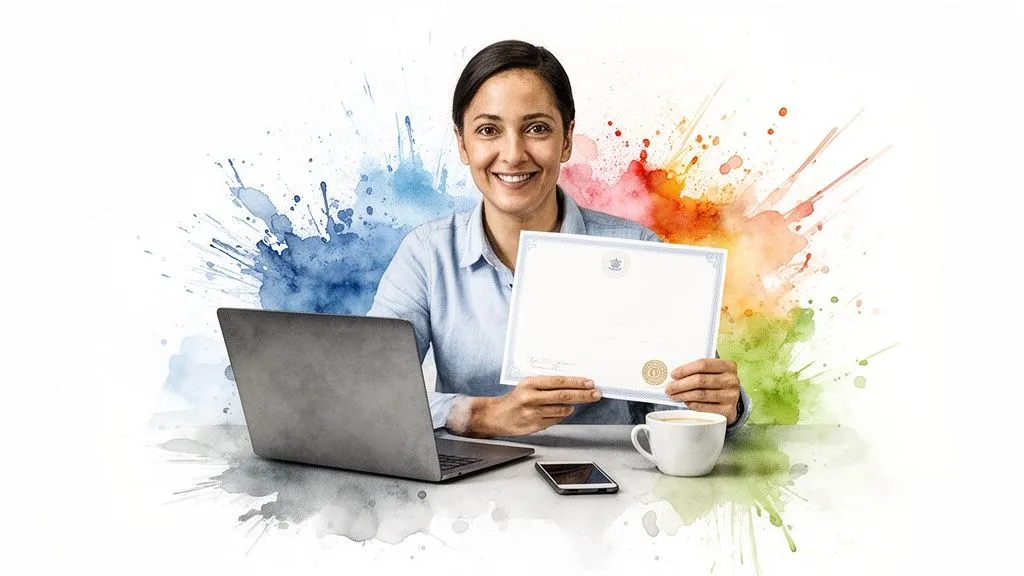 A smiling woman holds a diploma, sitting at a desk with a laptop and colorful paint splashes.