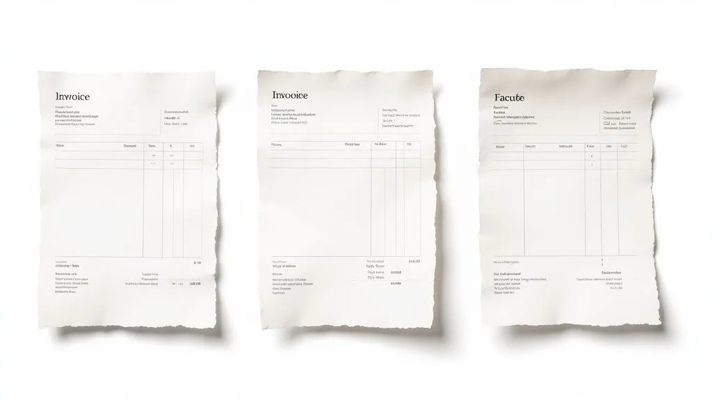 Three paper documents, resembling invoices or receipts, laid on a white background, for a sole trader.