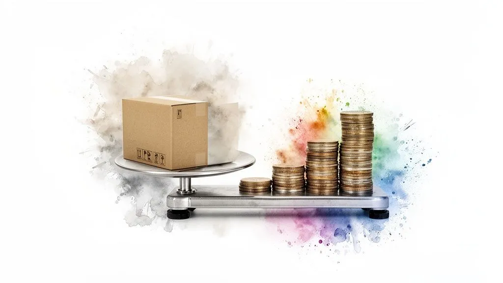 Scale with a cardboard box on one tray and stacks of coins on the other, symbolizing cost or value.