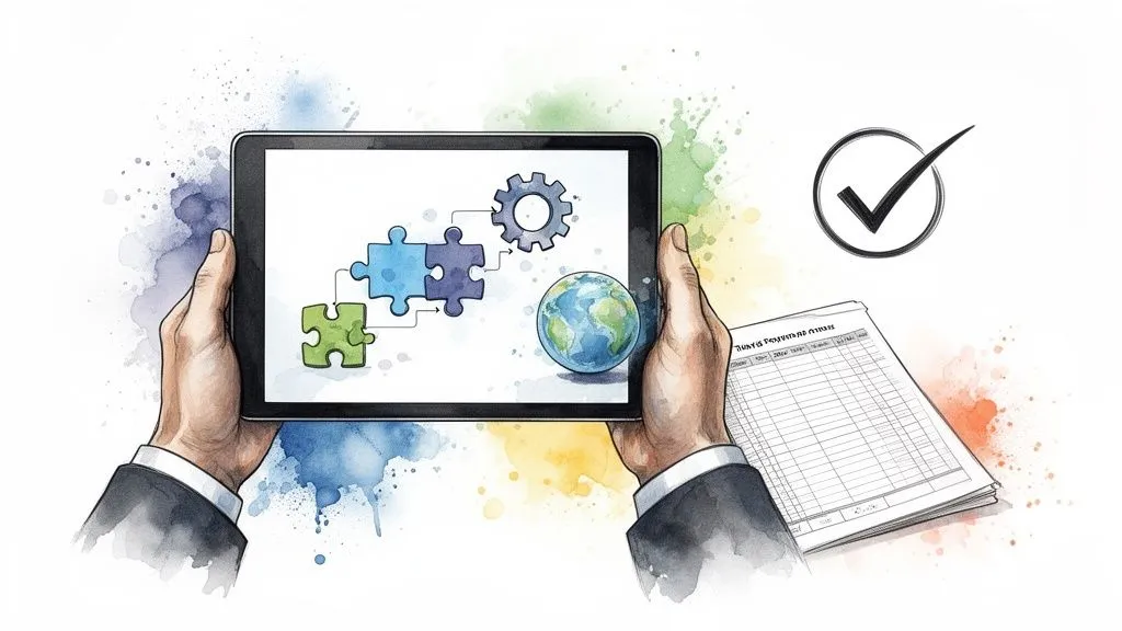 Hands hold a tablet displaying a problem-solving process with puzzle pieces, a gear, and a globe, symbolizing a comprehensive solution.