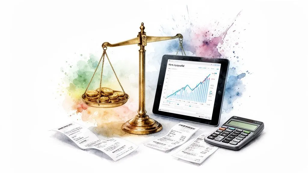 A scale with gold coins, a tablet displaying financial charts, a calculator and receipts, symbolizing financial management.