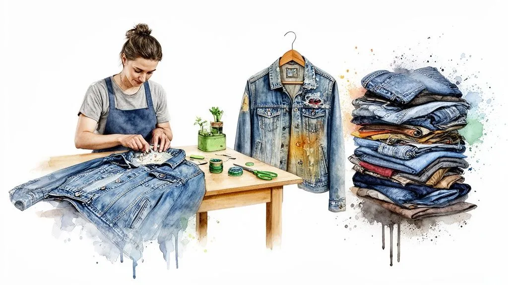 A woman repairs a denim jacket on a table, next to another hanging jacket and a pile of colorful clothes, watercolor style.