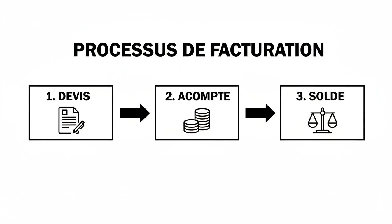 Diagram of the invoicing process illustrating the key steps: quote, deposit and balance with their representative icons.