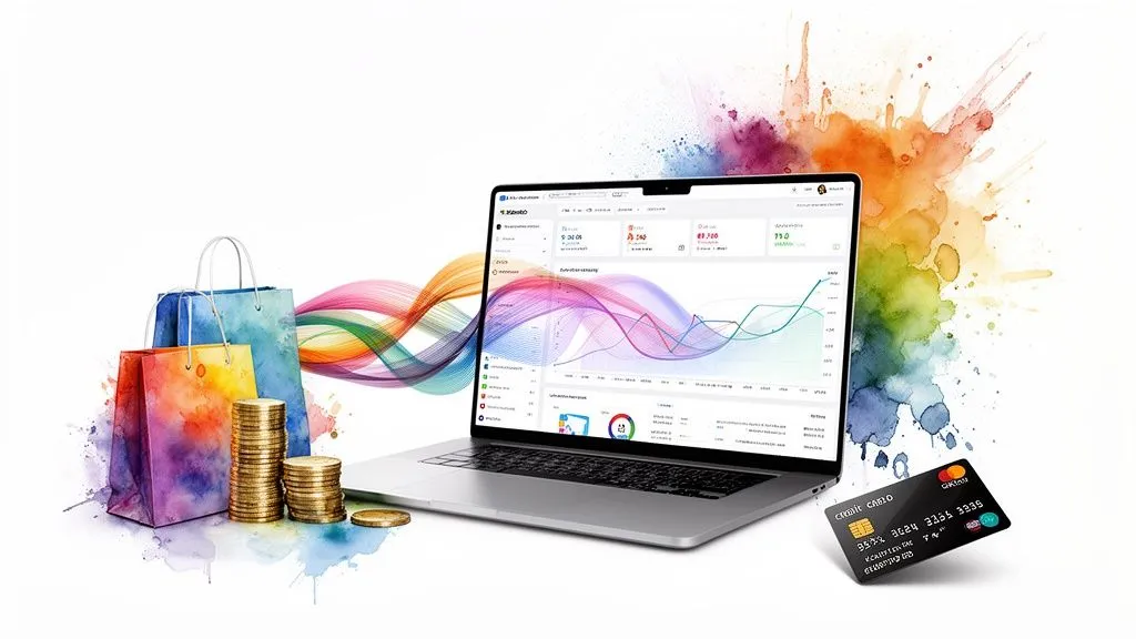 Laptop with a financial dashboard, colorful shopping bags, stacks of coins and a credit card, symbolizing online commerce.