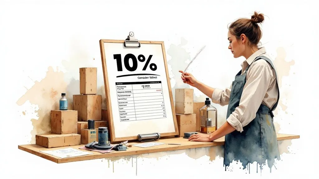 A calculator resting on financial documents next to price tags, symbolizing pricing set through margin calculation.