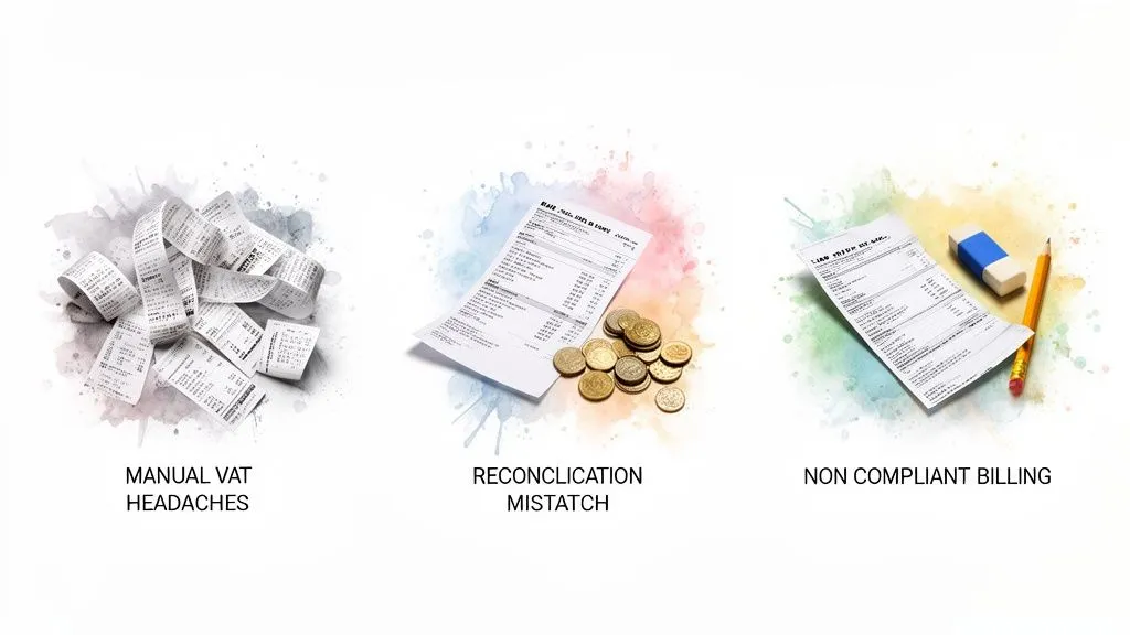 Three illustrations of financial problems: receipts, reconciliation, and non-compliant invoicing. These are common accounting challenges.