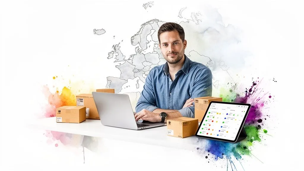A man manages packages and logistics data on a laptop and tablet, with a map of Europe in the background.