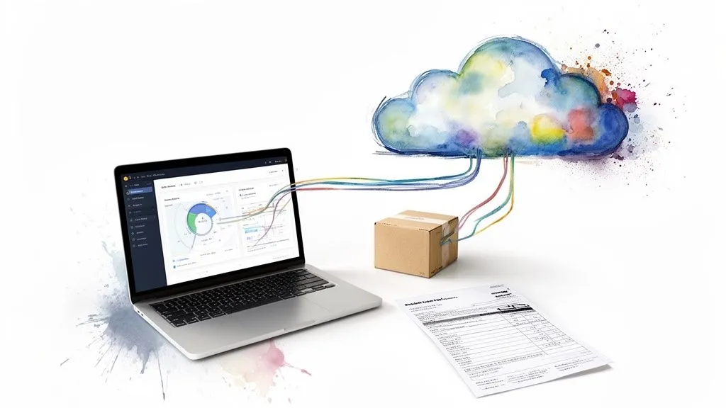 A laptop displaying data, a cardboard box, and a document connected to a watercolor data cloud.