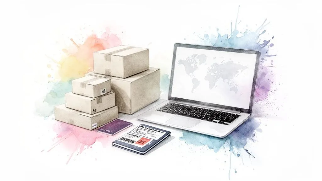 Laptop, stacks of parcels and travel documents on a watercolor background. Represents international shipping.