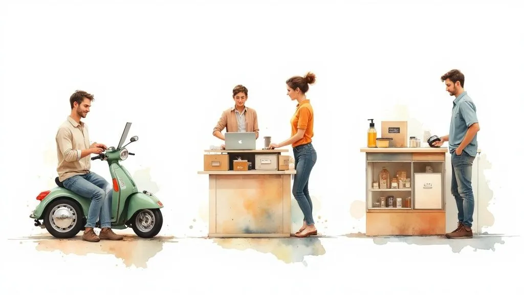 Tradesperson reviewing banking options on a tablet in their workshop