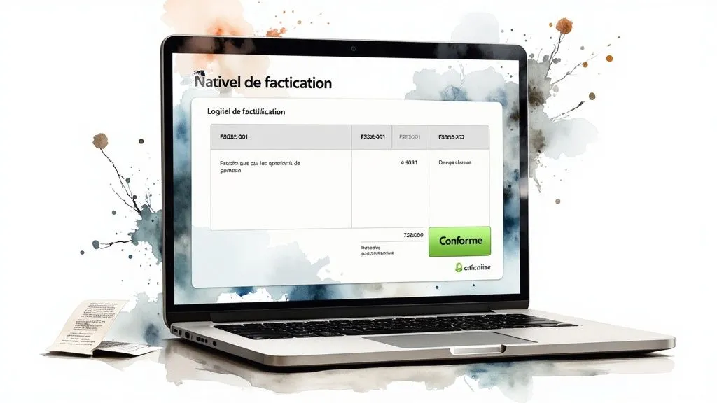 A laptop displaying invoicing software with data and a 'Compliant' button, next to a receipt.