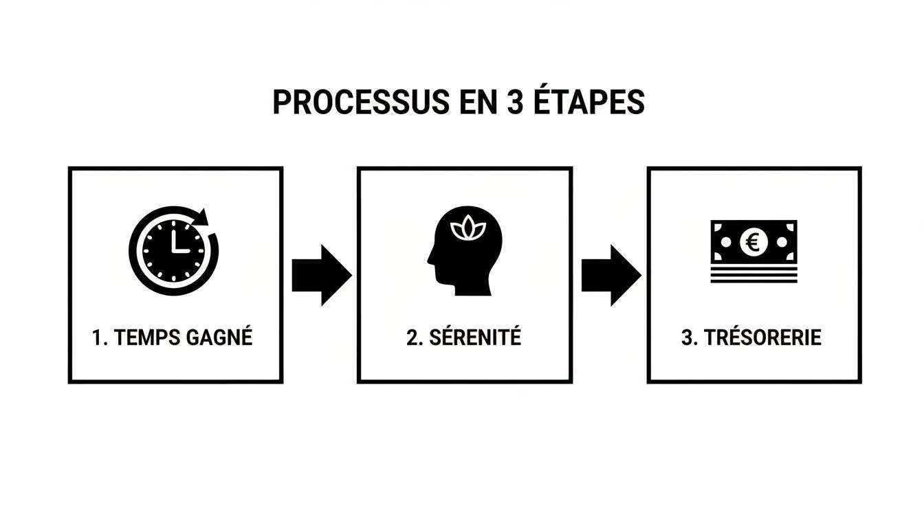 Infographic illustrating a 3-step process: time saved, peace of mind and cash flow.