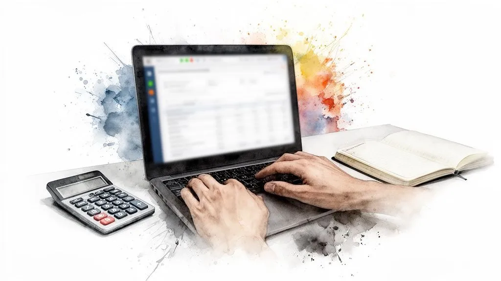 A person typing on a laptop with a calculator and an open notebook, on a white background with watercolor splashes.