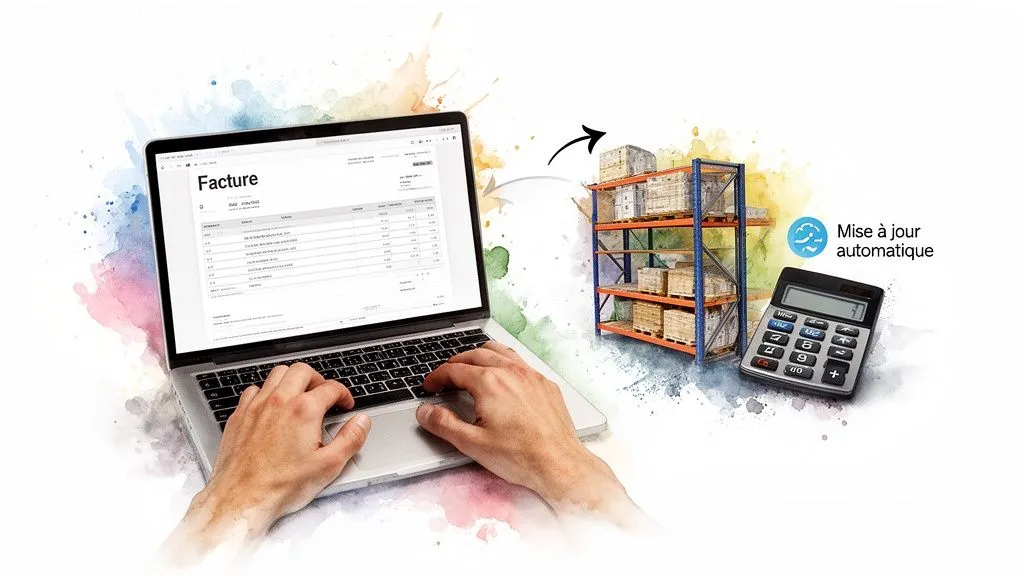 Person using a laptop displaying an invoice, with a warehouse and a calculator, symbolizing automatic stock updates.