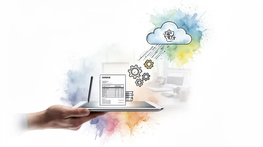 Hand holding a tablet showing a digital invoice and a stylus, with gears and a cloud representing VAT processing.