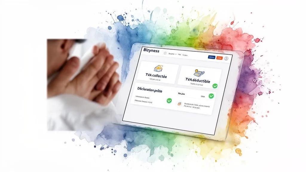 A tablet displaying the Bizyness app with the collected and deductible VAT sections validated, ready for a return.