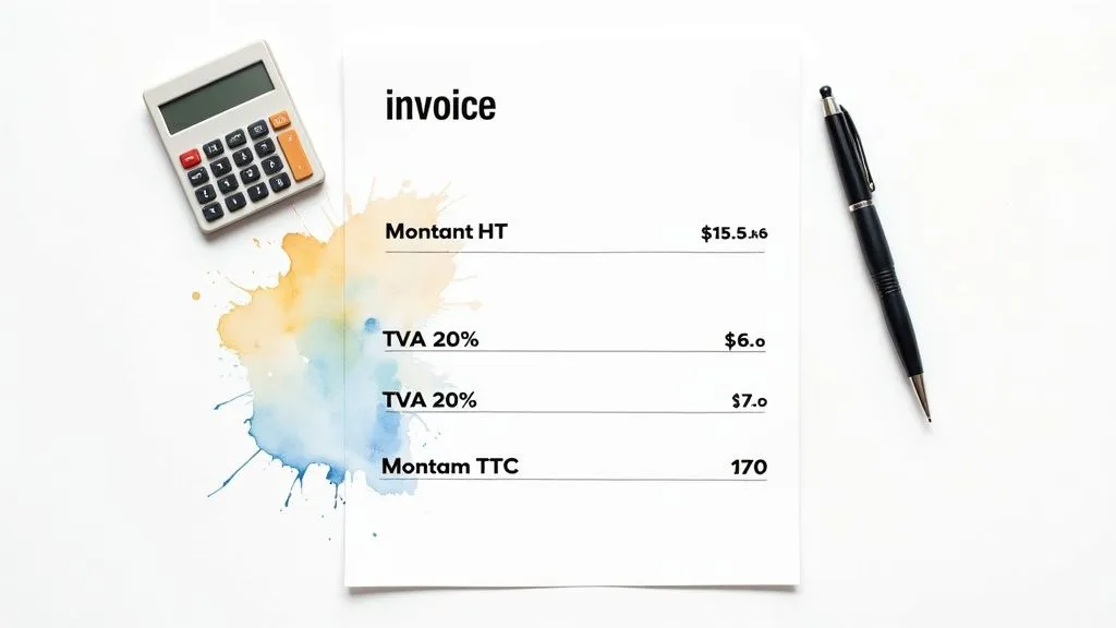 A white invoice with detailed amounts, a calculator and a pen on a white background with a colorful watercolor stain.