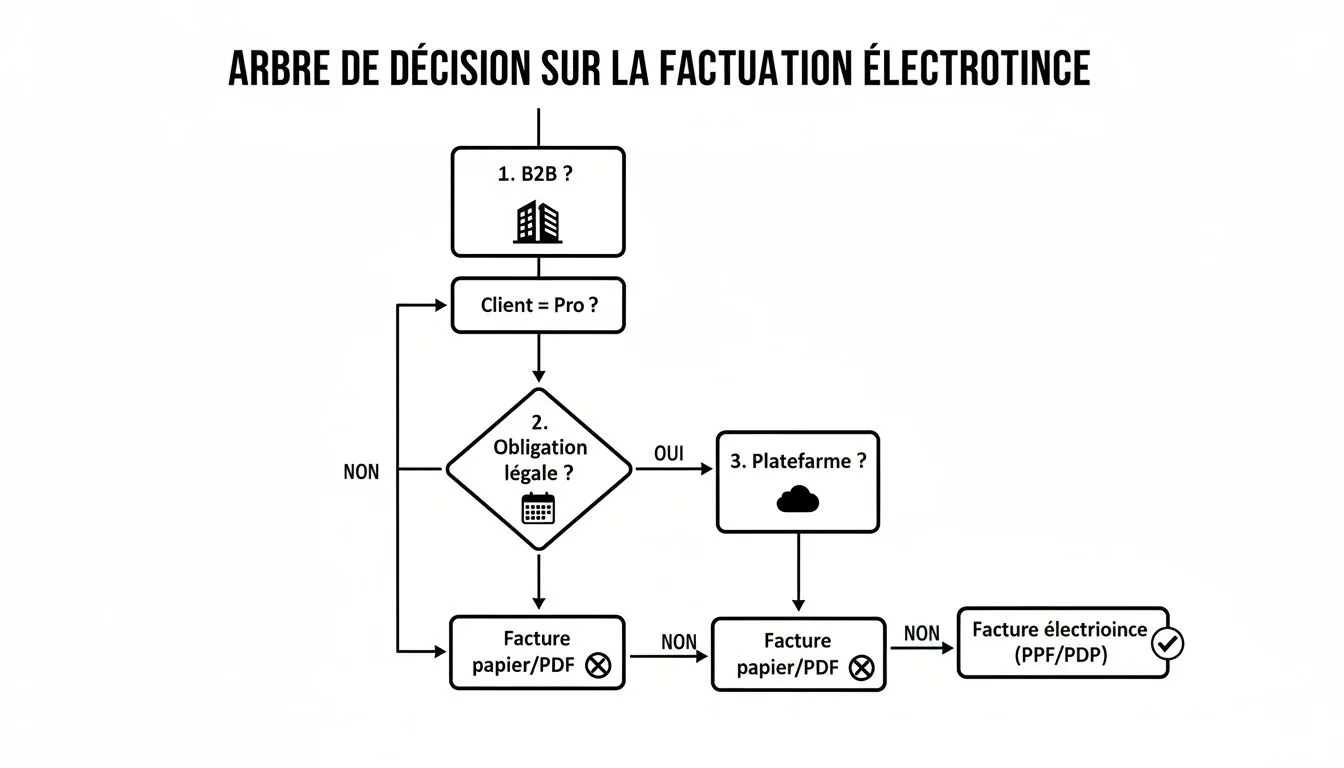 Decision diagram on electronic invoicing, detailing the B2B steps, the legal obligation and the use of a platform.