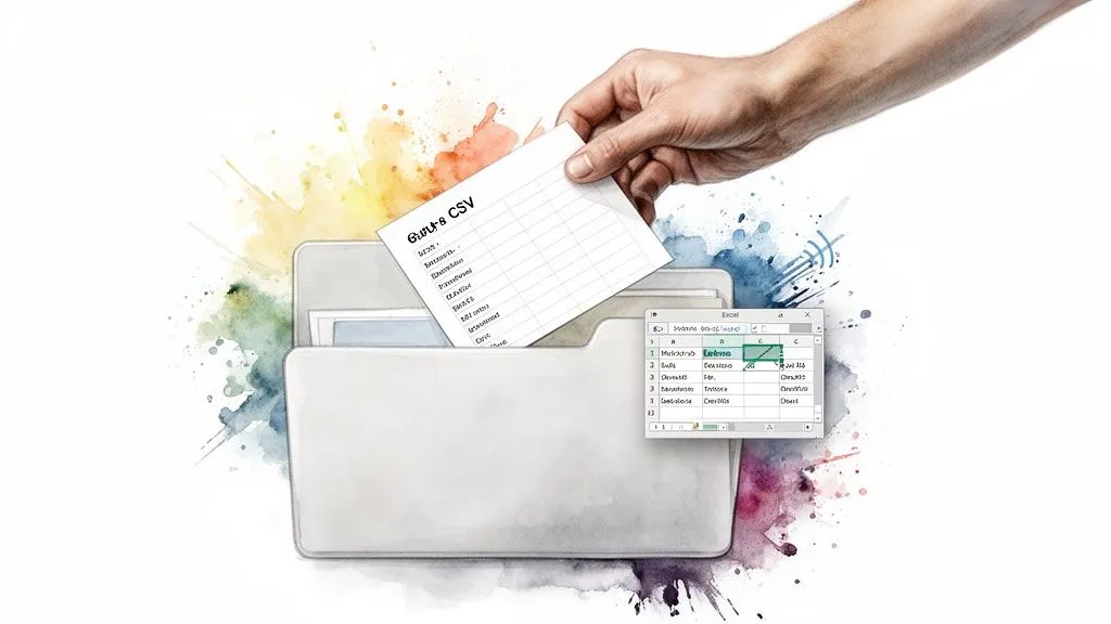 A hand inserting a CSV file into a virtual folder, with an Excel window showing data.