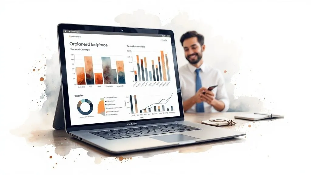 A smiling sole trader woman using Bizyness on her laptop, with charts showing efficient financial management.