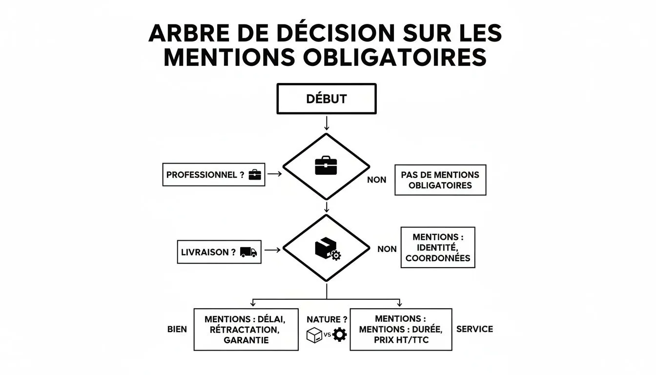 Decision tree explaining mandatory details based on professional nature, delivery, and type of good or service.