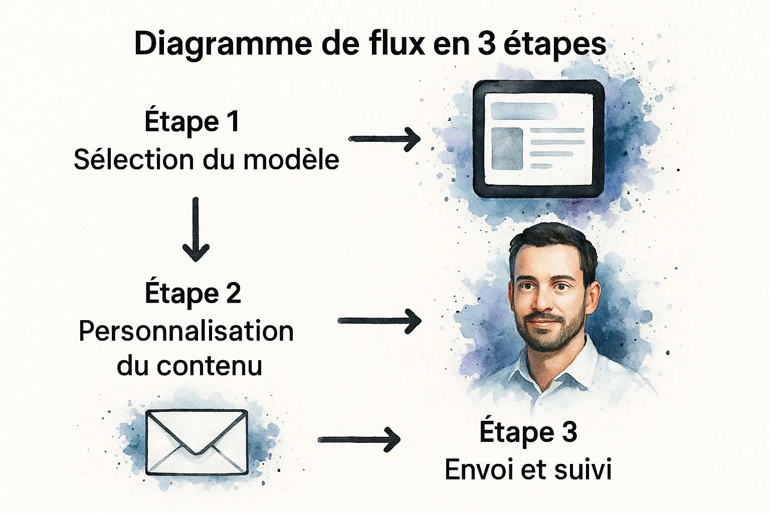 Infographic illustrating a three-step reminder process: selecting the template, personalizing the content, and sending/tracking.
