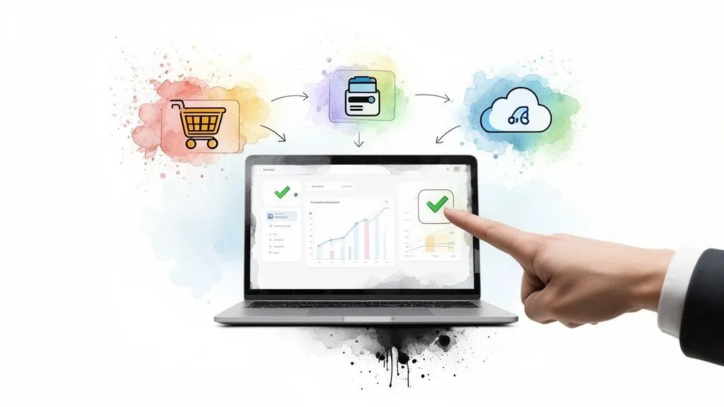Dashboard on a laptop with commerce, invoicing and cloud icons, representing a digitized business process.