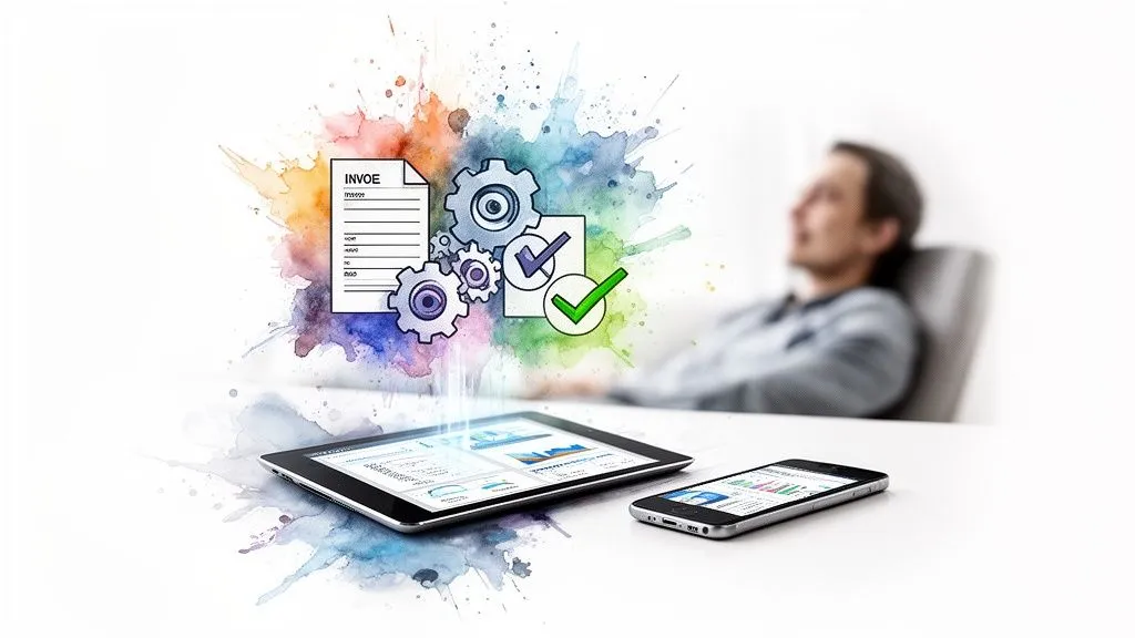Automated invoice processing on tablet and smartphone, with gear and checkmark icons, symbolizing efficiency and modernity.