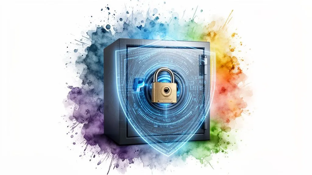 A secure vault with the PayPal logo, surrounded by colorful paint splashes and a blue digital shield.