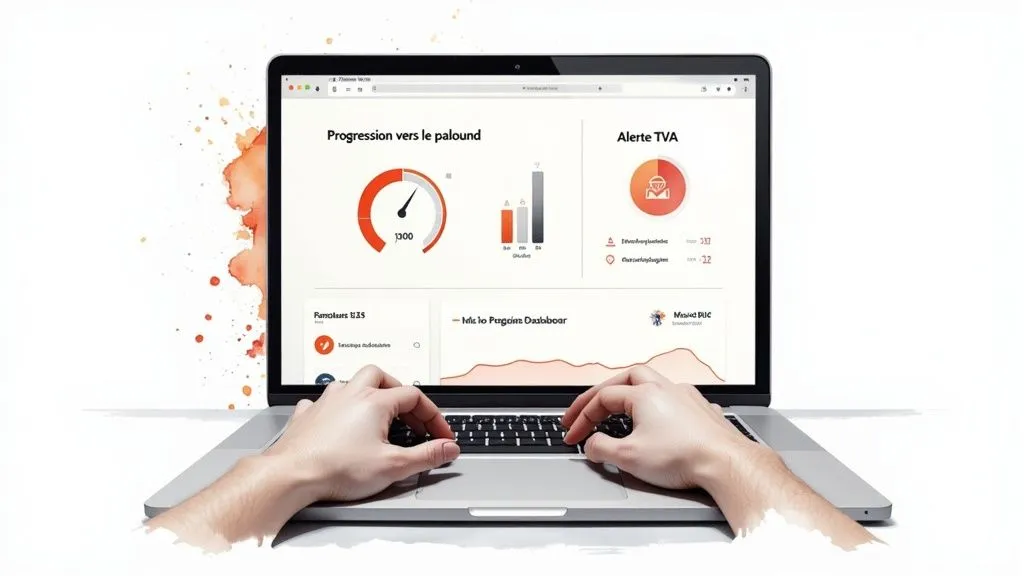 Hands typing on a laptop displaying a financial dashboard with progress charts and VAT alerts.