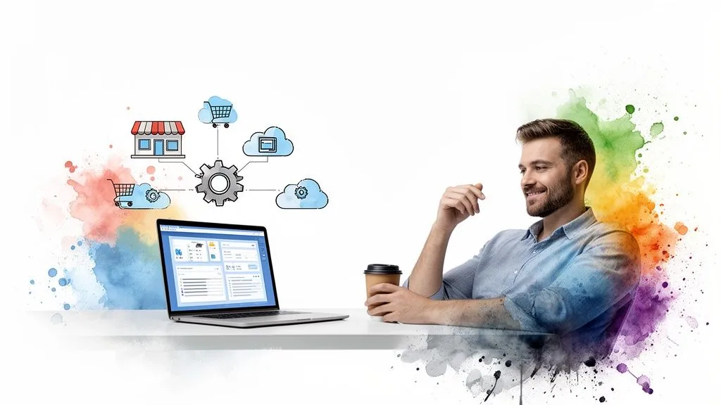 A smiling man works on a laptop, symbolizing business management and cloud computing.