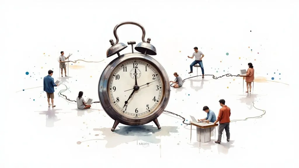 A clock transforming into gears, illustrating automation and time savings