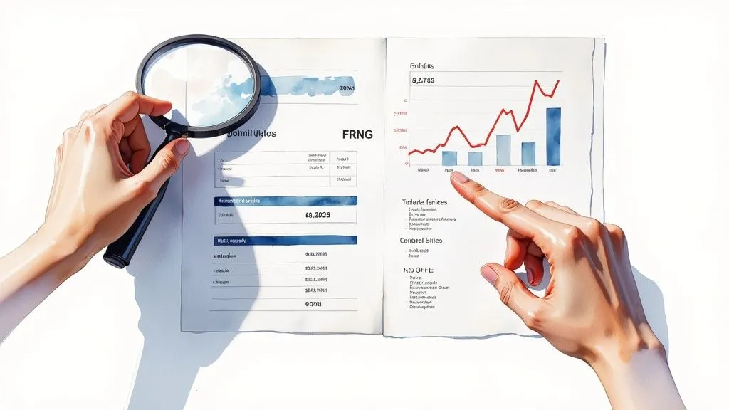 Two hands examine a forecast balance sheet with a magnifying glass and point at financial charts.