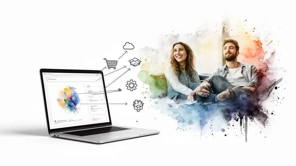 A laptop displays a colorful interface with icons (cart, cloud, gear) connecting to a smiling couple in the background.