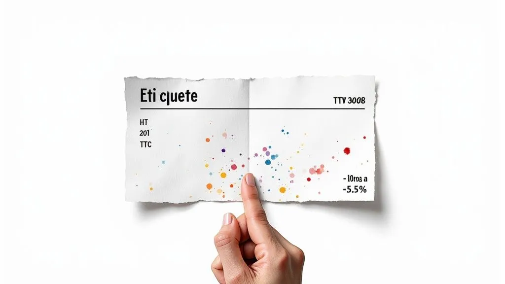 A finger points at a crumpled piece of paper with black text and bright colored dots on a white background.