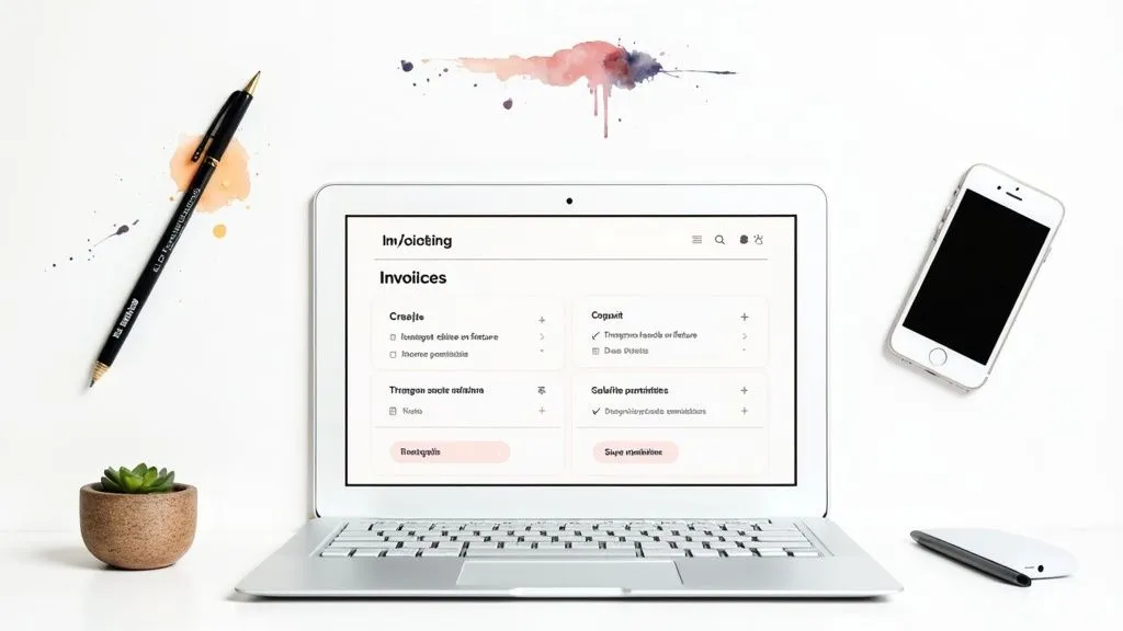 Minimalist top-down workspace with a laptop displaying an invoicing app, a smartphone, a pen, and a plant.