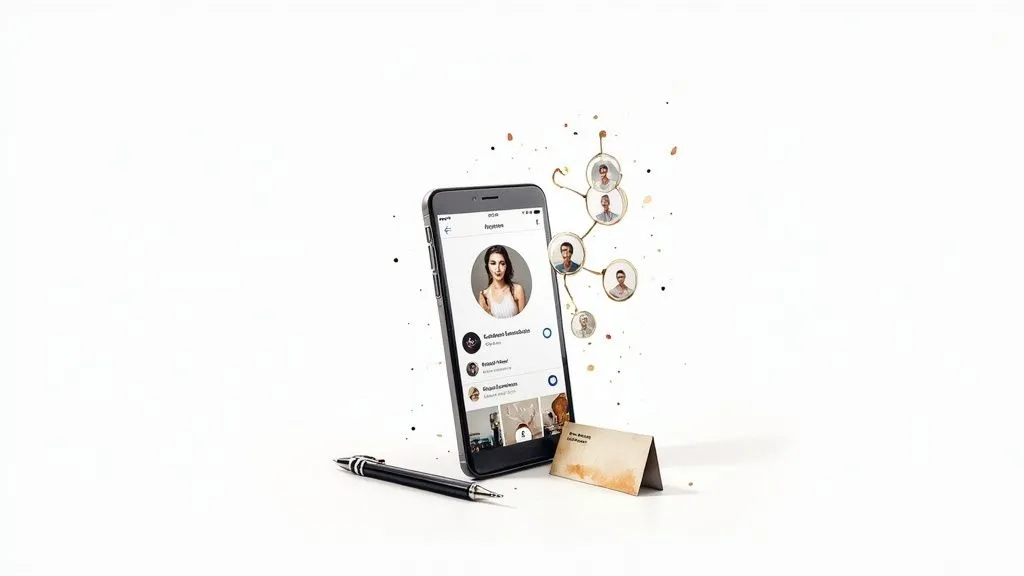 Smartphone displaying a social network app with contacts, a pen and a business card. Symbol of professional connection.