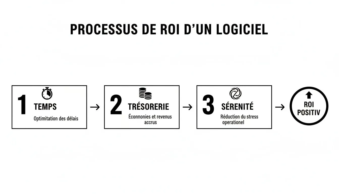 Diagram showing a three-step software ROI process: time, cash flow, and peace of mind, leading to a positive ROI.