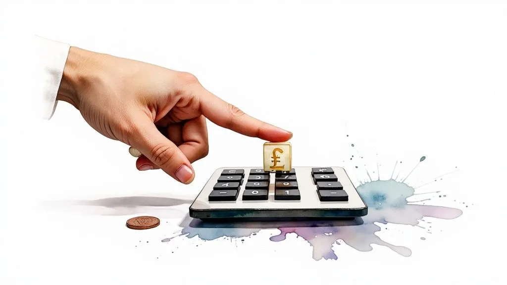 A hand presses a 'pound sterling' key on a calculator, symbolizing financial calculation.