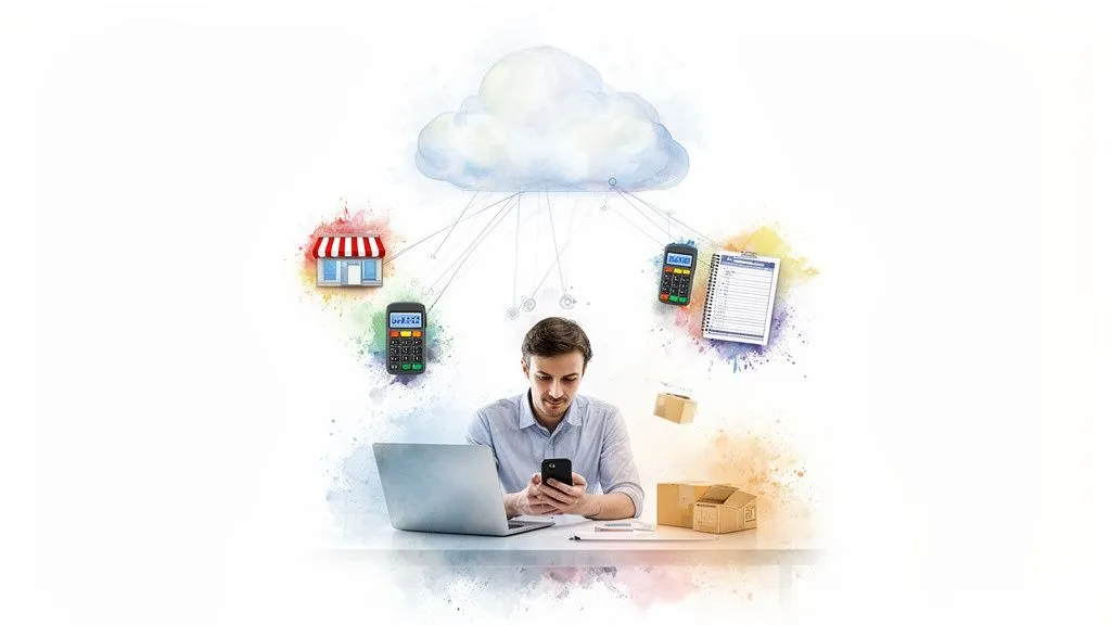 A man manages his online business with a laptop, a phone, and various tools connected to the cloud.
