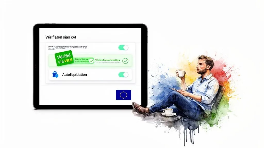Tablet displaying a VIES tax verification interface and a relaxed man drinking coffee.