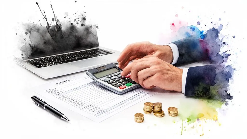 Hands calculating on a calculator, with a laptop, financial document, pen, and stacks of coins, on an artistic background.