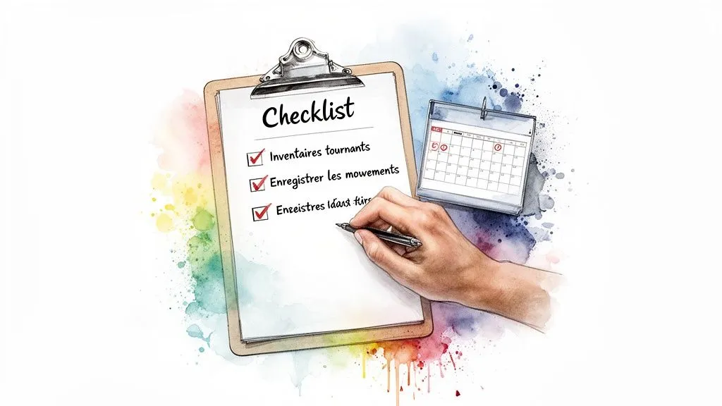 A hand checks off tasks on an inventory management checklist, near a calendar marking important dates.